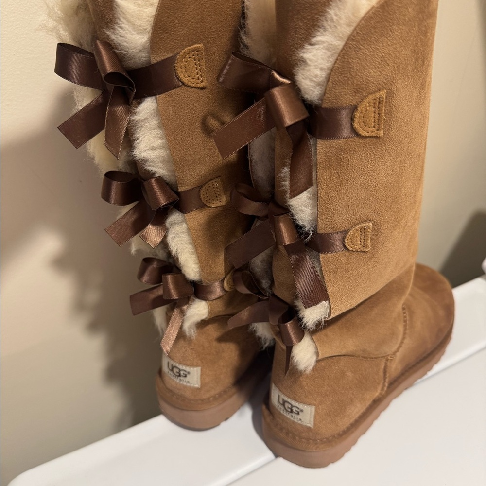 UGG Tan Boots with Fur and Ribbon Accents